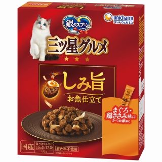 [ユニ・チャーム]銀のスプーン 三ツ星グルメ しみ旨お魚仕立て まぐろ･鶏ささみ味にかつお節添え 192g