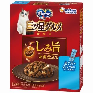 [ユニ・チャーム]銀のスプーン 三ツ星グルメ しみ旨お魚仕立て まぐろ･たい味にかつお節添え 192g