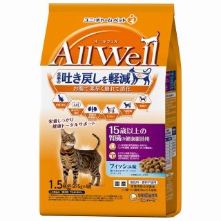 [ユニ・チャーム]AllWell 15歳以上の腎臓の健康維持用 フィッシュ味 挽き小魚とささみフリーズドライパウダー入り 1.5kg(375g×4袋)