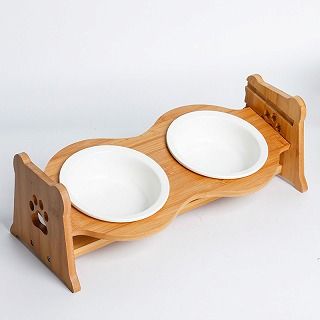 [ペティファーム]陶器製バンブースタンド付きダブルボウル ホワイト