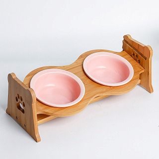 [ペティファーム]陶器製バンブースタンド付きダブルボウル ピンク